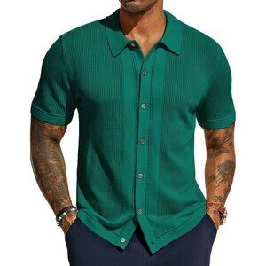 Men's Dark Green Knit Polo Shirts Short Sleeve Vintage Button Down